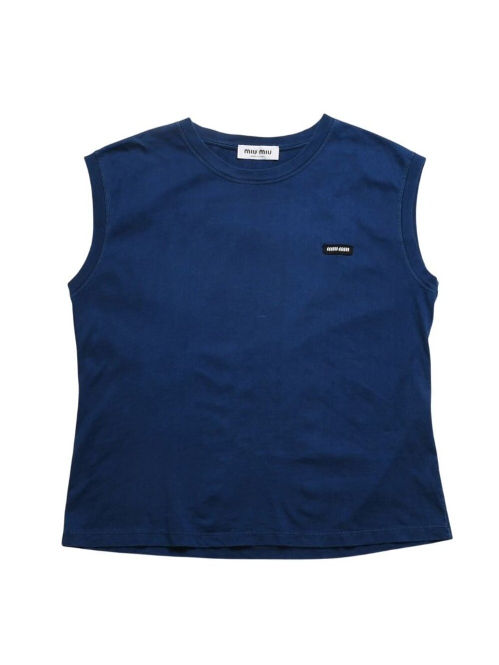 Miu Miu Sleeveless Jersey T-Shirt Patch Logo Top French Sleeve Indigo Blue Navy